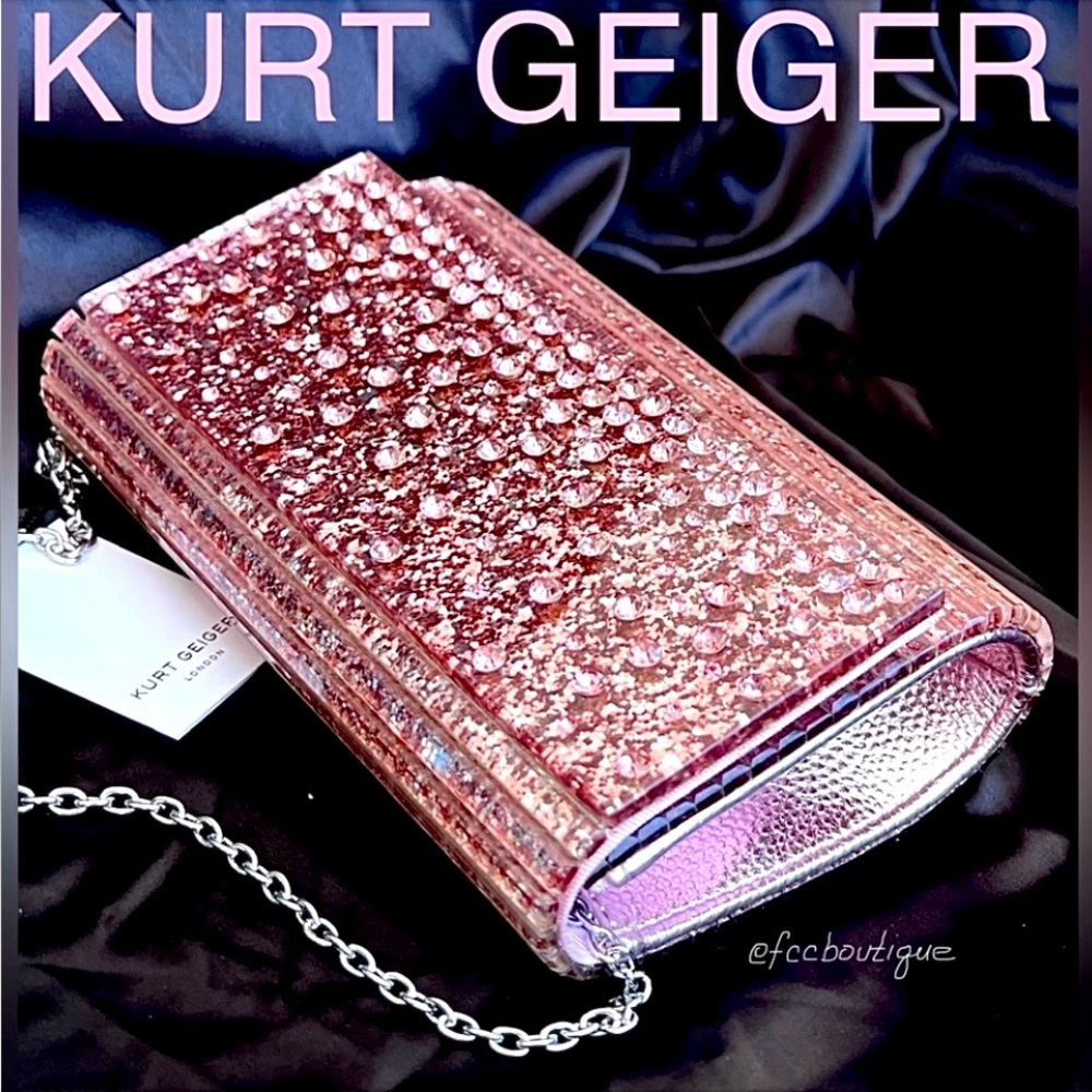 KURT GEIGER Glitter Crystals acrylic box clutch on chain crossbody PINK